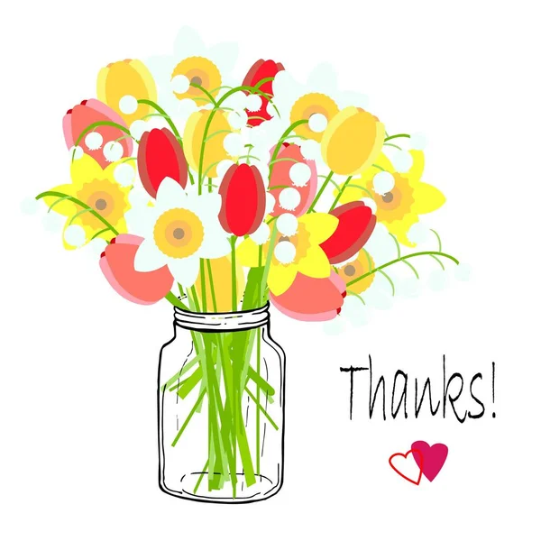 Thanks Typography Banner Lily Valley Tulip Daffodil Jar Art Spring — Stock Vector