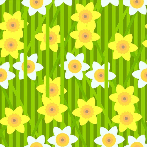 Nergisler pürüzsüz desen. Bahar sarısı, yeşil arka planda beyaz çiçekler. Web için, baskı için, kapak için, kumaş baskısı için sanat tasarımı stok vektörü çizimi