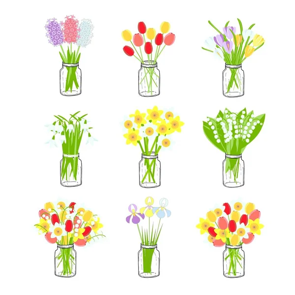 Ramos Flores Primavera Conjunto Frascos Vidrio Narcisos Lirios Del Valle — Vector de stock