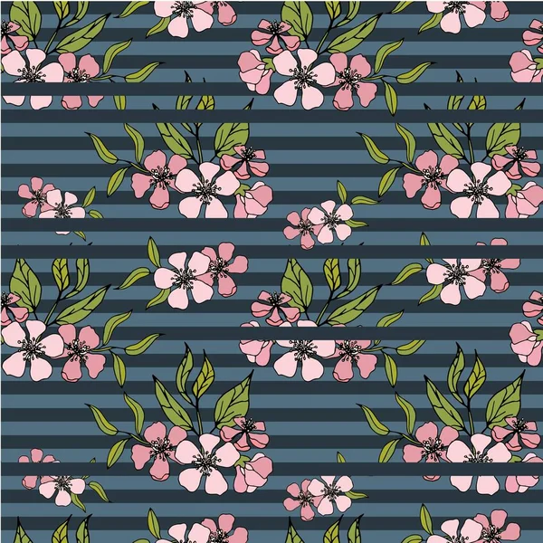 Sakura Fondo Rayas Azules Patrón Sin Costuras Art Design Elements — Archivo Imágenes Vectoriales