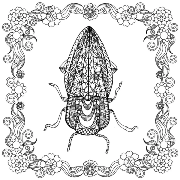 Käfer Blumenrahmen Doodle Monochrom Handgezeichnete Tuschezeichnungen Gestaltungselemente Lagervektorillustration Für Web — Stockvektor