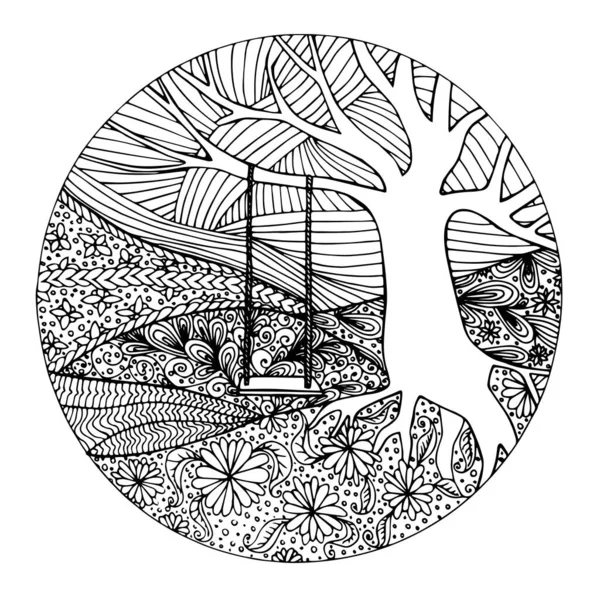 Swing Tree Hill Doodle Tinta Dibujada Mano Elementos Diseño Arte — Vector de stock