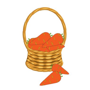 Havuç sepette, sarmaşıklı hasır. Bitkisel sanat tasarım ögeleri nesne izole edilmiş web için stok vektör ilüstrasyonu, yazdırma