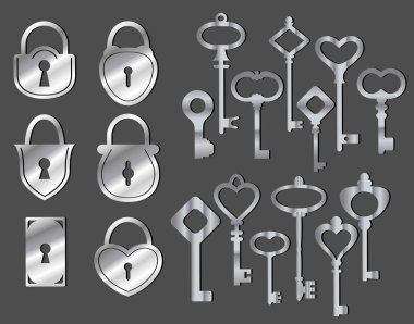 Kilit ve anahtar simgeler kümesi. Vektör çizim