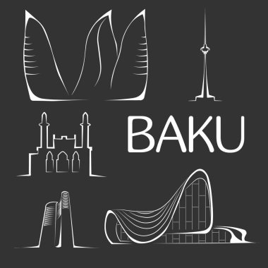 Bakü şehir (Azerbaycan) ünlü binalar. Vektör çizim.