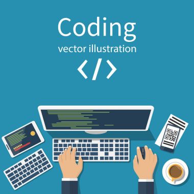 Programmer, coder in the workplace sitting at a computer. Software coding, programming languages, testing, debugging, web site design. Search engine. clipart svg vector 