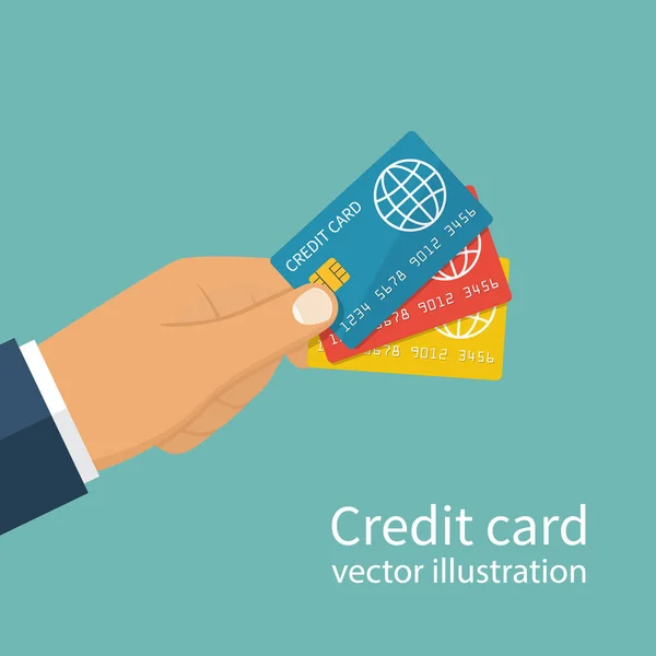 Muchas tarjetas de crédito en la mano . — Vector de stock