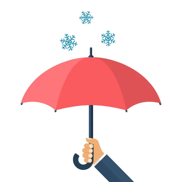 Paraguas en la mano defendiéndose de la nieve — Vector de stock