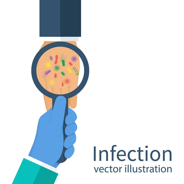 Células bacterianas virales en las manos — Vector de stock