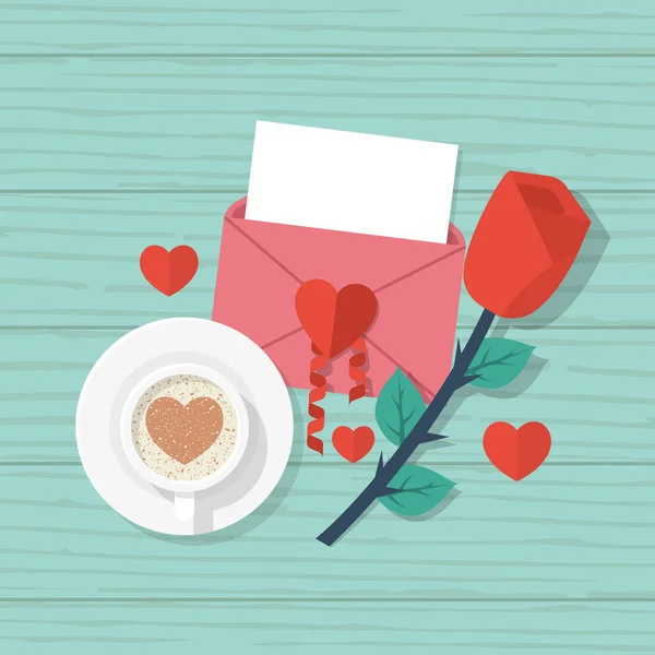 Love letter, red rose, cup of coffee — Stock Vector