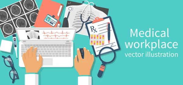 Médico del lugar de trabajo en la mesa — Vector de stock