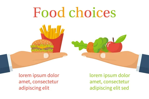 Escolha de comida. Saudável e junk comer — Vetor de Stock