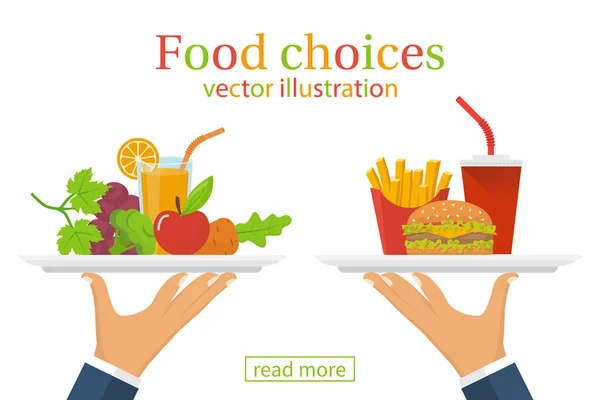 Elección de comida. Alimentación saludable y chatarra. — Vector de stock