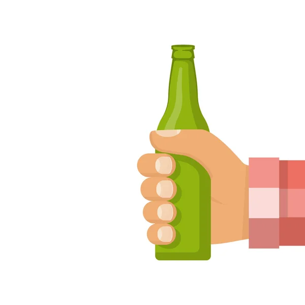 Hombre sosteniendo en la mano botella de cerveza verde — Vector de stock