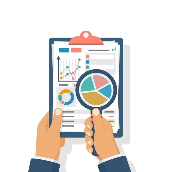 Análisis de datos. Portapapeles en mano hombre de negocios — Archivo Imágenes Vectoriales