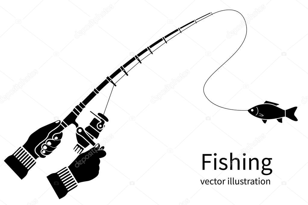 Fishing icon silhouette concept. Sticker, badge, emblem isolated on white background. Vector illustrations flat design. Fisherman pictogram hold in hands fishing rod, spinning rods with catch.