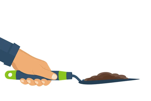 Garden shovel with soil hold in hand of gardener. — Stock Vector