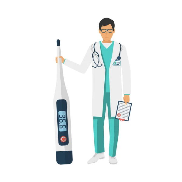 Doktor v ruce drží lékařský digitální teploměr — Stockový vektor