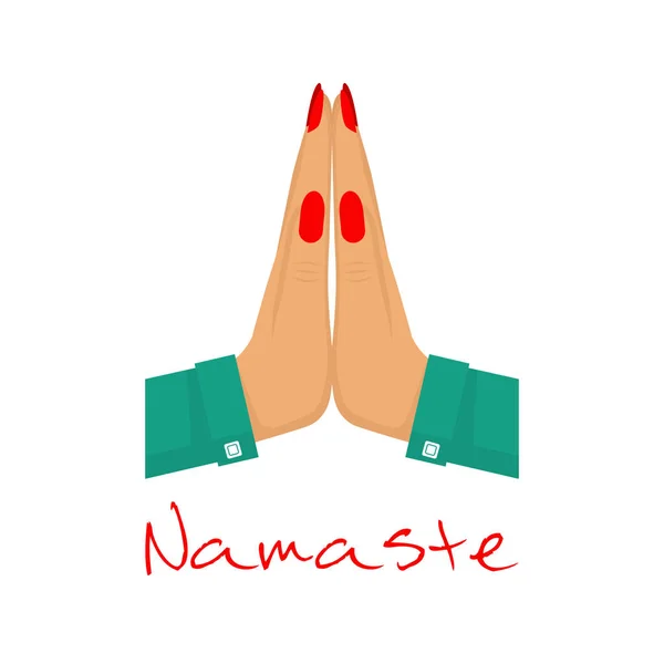 Namaste. Καλώς ήλθατε χειρονομία χέρια γυναίκα — Διανυσματικό Αρχείο