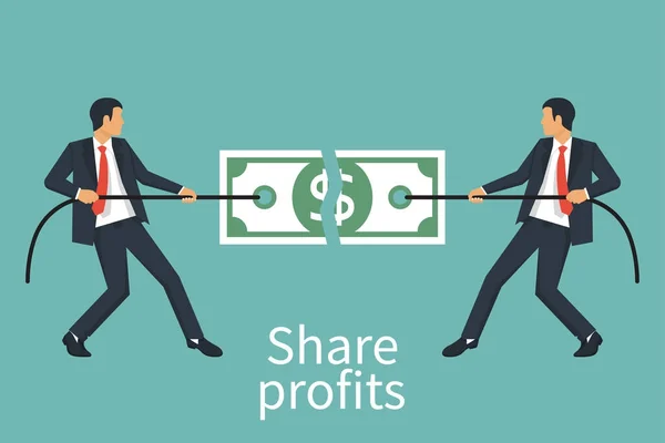 Zwei Geschäftsleute Konflikt teilen Gewinn und reißen Geld in der Hälfte. — Stockvektor