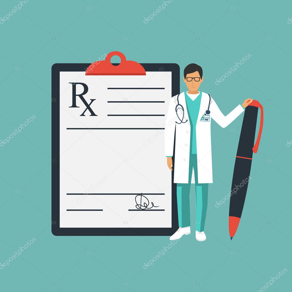 Doctor stands near clipboard with a pen in hand