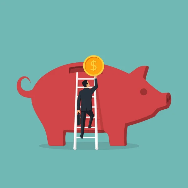 Businessman climbs stairs to big piggy bank hold coin in hand — Stock Vector