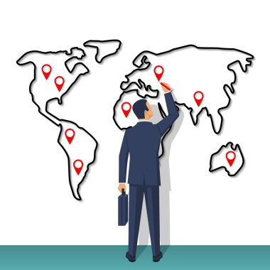 Büyük harita ile duvar beklemedeyiz iş adamı.