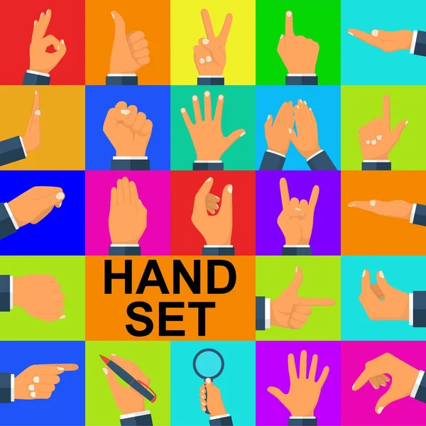 Kleurset handen in verschillende gebaren. — Stockvector