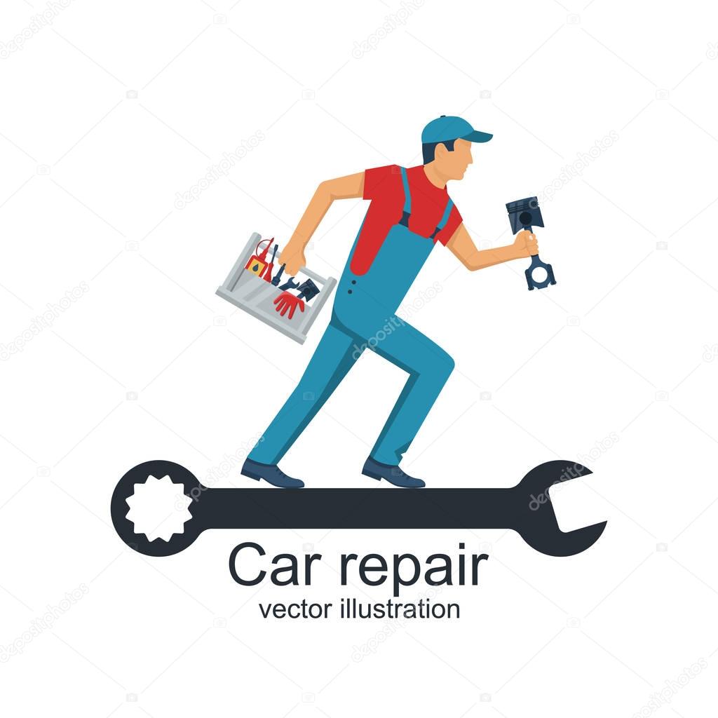 Auto mechanic with toolbox and spare parts for repair of cars
