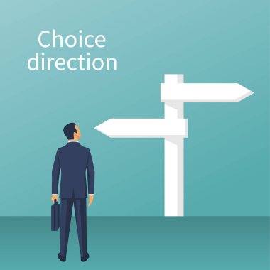 Yön seçimi. İş adamı ayakta işareti ile okları