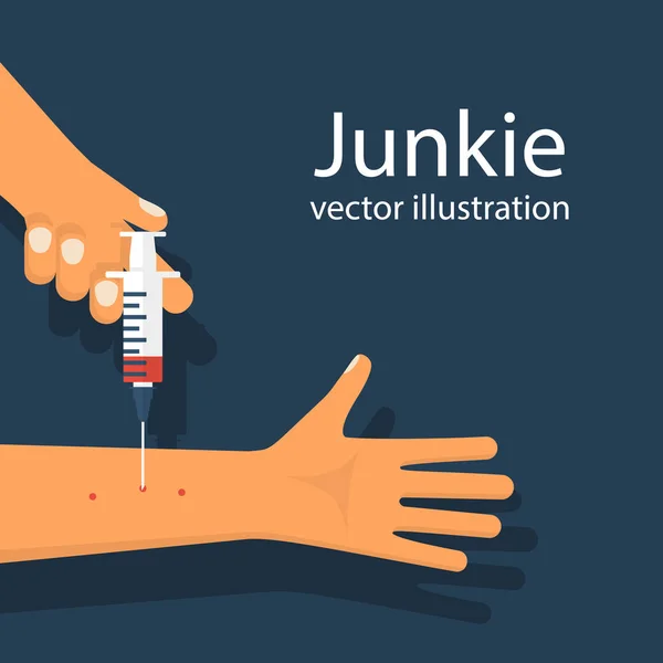 Junkie sosteniendo la jeringa hace una inyección en la mano — Archivo Imágenes Vectoriales