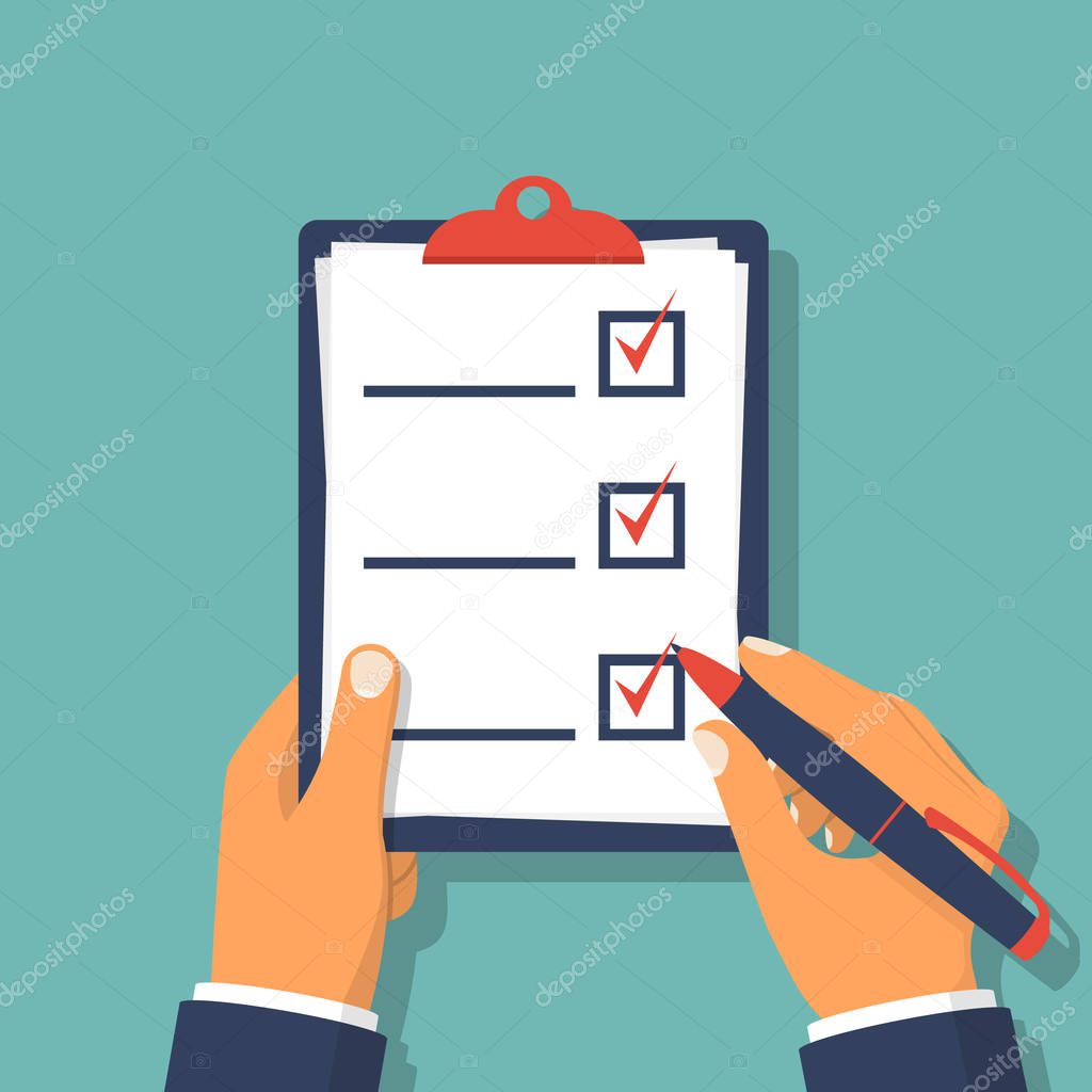 Checklist clipboard. Human holding checklist and pencil
