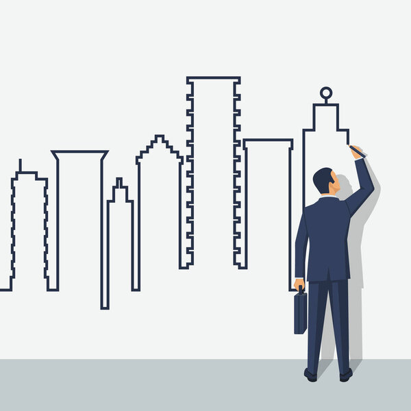 Бизнесмен в костюме с портфелем проводит большую городскую черту
