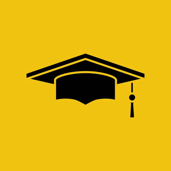黄色の背景に分離された卒業キャップ ブラック シルエット — ストックベクタ