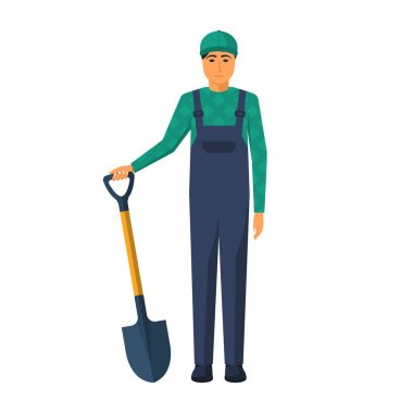 Üniformalı erkeklere bir kürek tutuyor