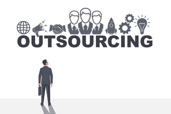 Banner outsourcing voor web, print en mobiel. Sleutelwoord en hiërogliefen. — Stockvector