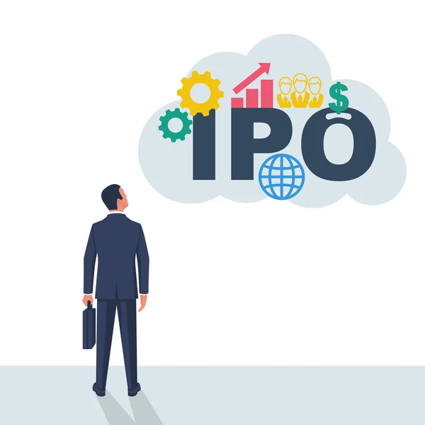 Концепція IPO. Бізнесмен з портфелем дивиться на текст з іконками бізнес-гліфів . — стоковий вектор