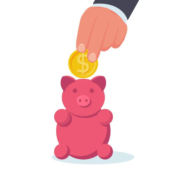 Big hand putting coin into piggy bank. Vector illustration, flat design. — Stock Vector