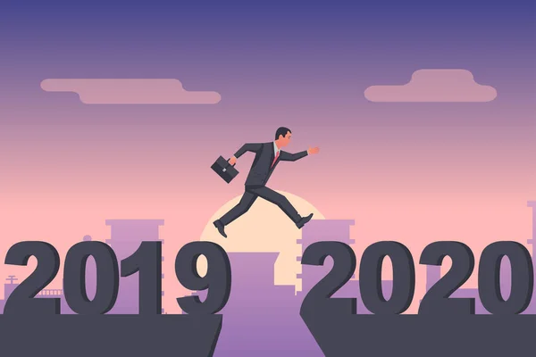 Man businessman jumps from 2019 to 2020 on background city. — Stock Vector