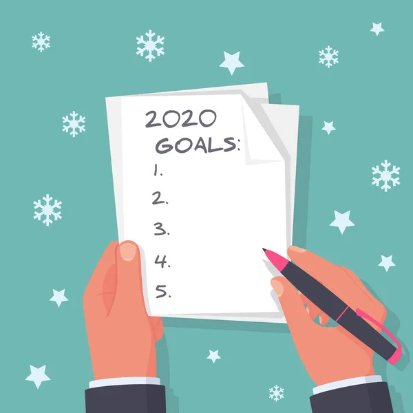 2020 nuovo obiettivo anno. Uomo tiene un foglio in mano con un piano per il prossimo anno — Vettoriale Stock