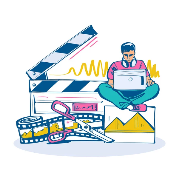 Videoszerkesztés. Multimédiás tartalom. Felvételszerkesztés. — Stock Vector