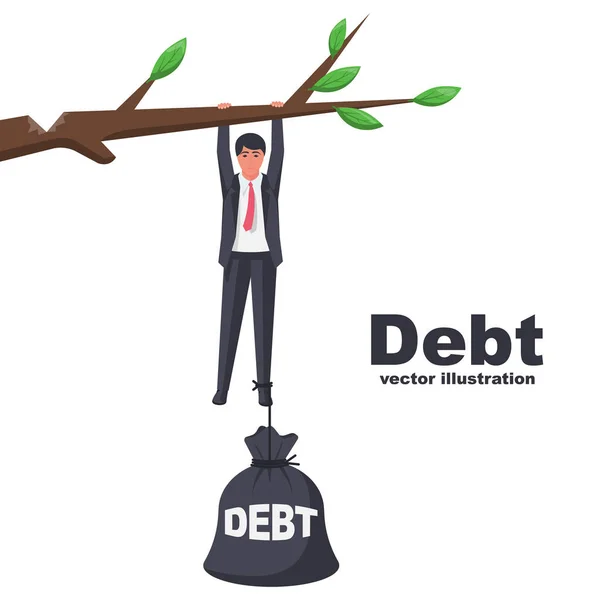Debt conceptual. Businessman hanging on a branch with a big bag — Stock Vector