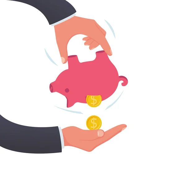 Human in hands shaking piggy bank. Fall money. Vector illustrati - Stok Vektor