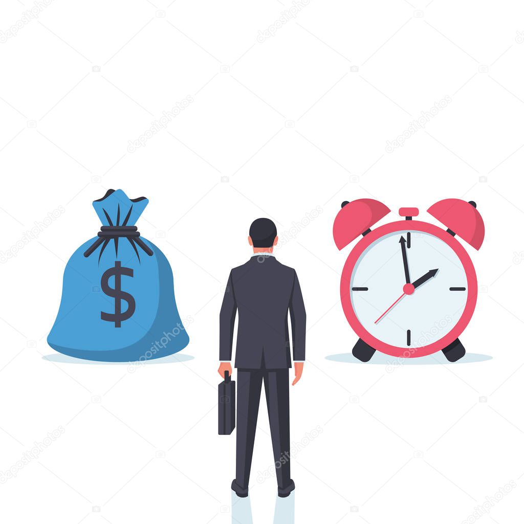 Time money concept. Business decisions. Man faces a choice