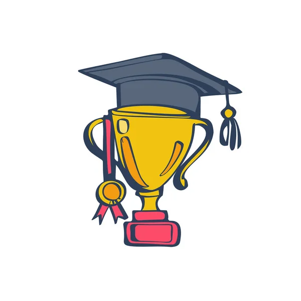 Concepto de graduación. Copa con un gorro académico y una medalla en la parte superior — Vector de stock