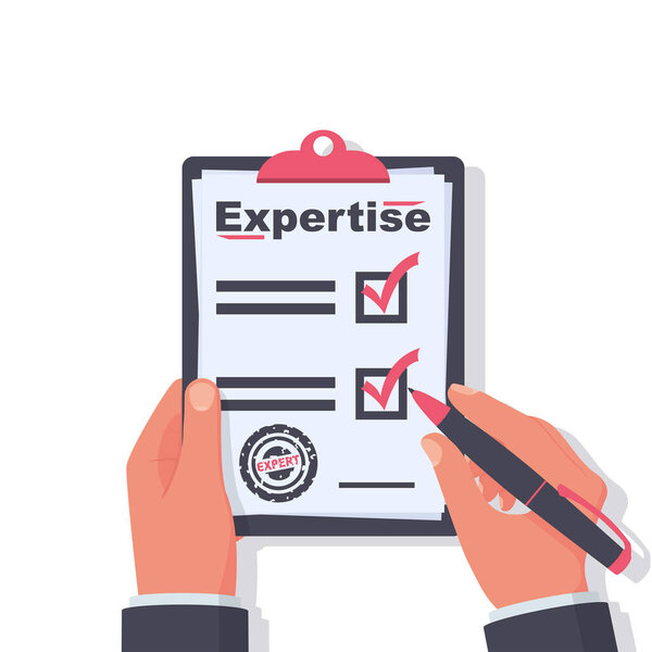 Expertise concept. Expert holding in hand clipboard and pen