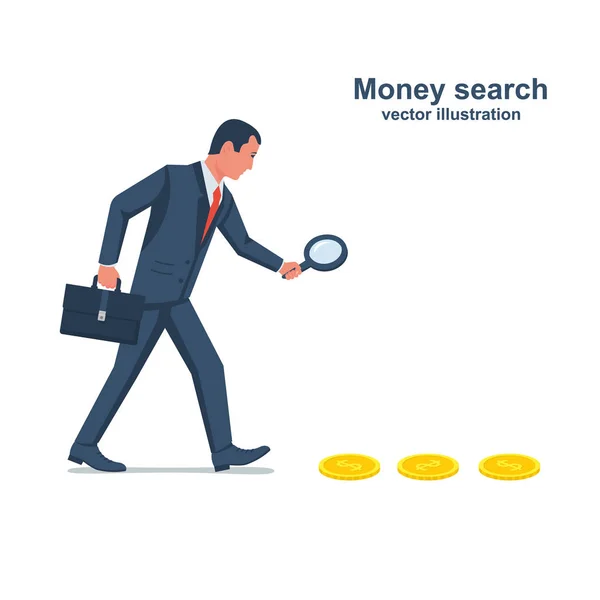 Cherchez de l'argent. Un homme d'affaires regarde à travers une loupe . — Image vectorielle