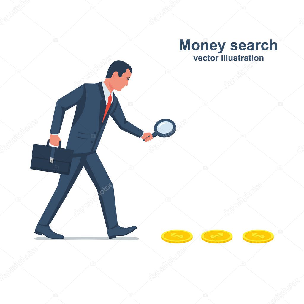 Search for money. Businessman is looking through a magnifying glass.