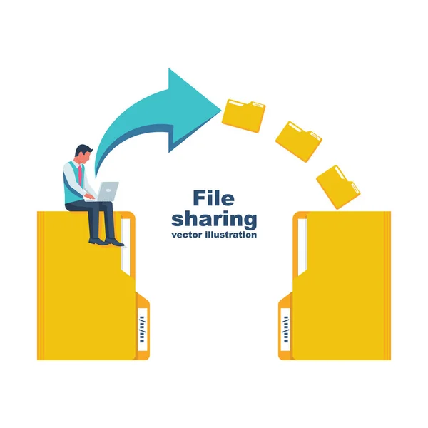 File sharing. Transfer of documentation. Businessman with laptop transmits folders with files.