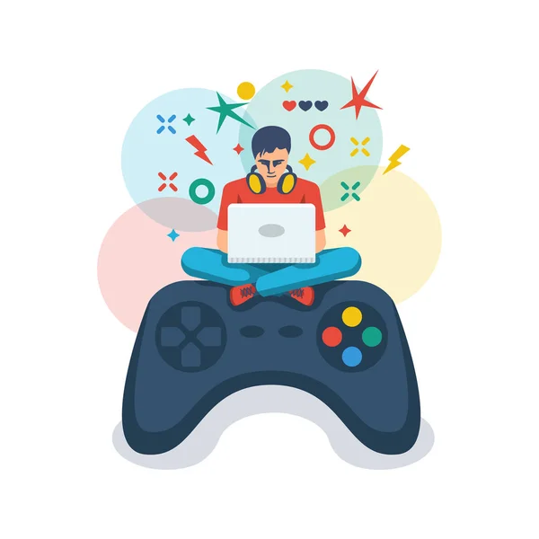 Videospel, spelen online. Gamer met een laptop zit op een grote joystick — Stockvector